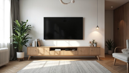 Scandinavian living room interior featuring a modern entertainment unit with a large TV screen and ample storage. Includes a large potted plant, decorative items, and a textured rug on a wooden floor.