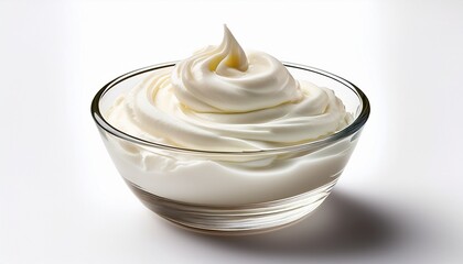 a delightful dollop of creamy whipped cream sits in a clear glass bowl against a pure white background