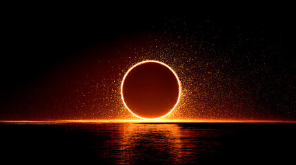 Obraz premium Abstract Orange Glowing Ring over Dark Water with Sparkling Particles Dynamic Energy Background image