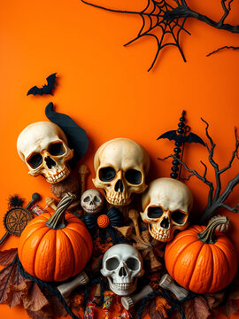 rant orange background features skulls, pumpkins, candy, and spooky decorations in a festive Halloween setting with autumnal colors and textures.