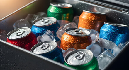 Aluminum colored cans of beer or soda in a refrigerator with ice. Banner template for recyclable products, advertising in a store and a bar with space for text