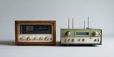 Vintage radios: classic wooden and metal transistor models with antennas on display
