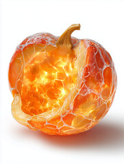 Glowing Halloween pumpkin wrapped in spiderweb on white background