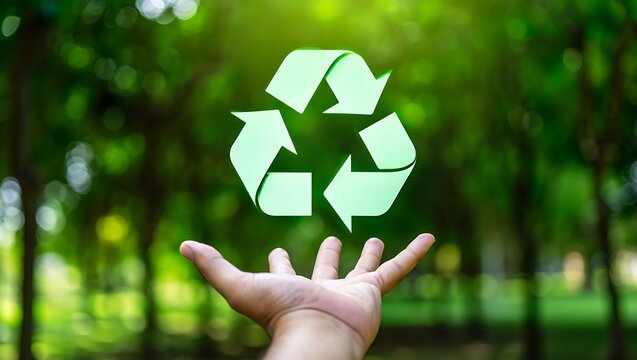 Hand holding a glowing green recycling symbol against a blurred background of lush green trees and foliage symbolizing environmental protection and sustainability