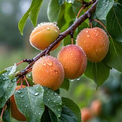 ripe apricots on a tree, ripe apricots on a branch,Ripe, sweet apricots hang heavy on a leafy branch, a healthy and organic summer harvest from the orchard