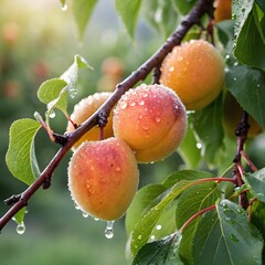 ripe apricots on a tree, ripe apricots on a branch,Ripe, sweet apricots hang heavy on a leafy branch, a healthy and organic summer harvest from the orchard