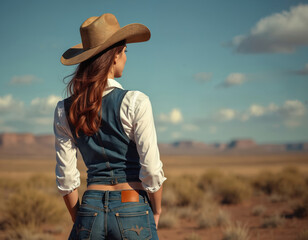 Woman in cowboy hat and denim vest poses in a desert landscape. She wears blue jeans and a white shirt. The arid scenery features dry brush and distant mesas under a blue sky with scattered clouds.