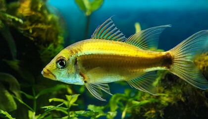 a vibrant golden wonder killifish swimming in a lush underwater environment