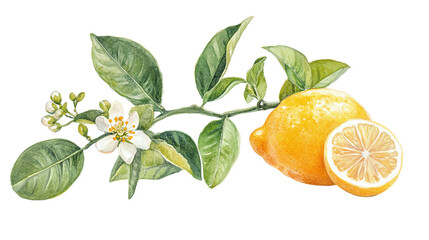 Juicy yellow lemon with green leaves and blossoms, hand-drawn watercolor, isolated on transparent background 
