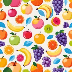 Seamless pattern with fresh fruits and berries: apple, orange, lemon, strawberry, banana, cherry, pear, kiwi, pineapple, and grape icons for a healthy food collection