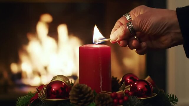 Slow motion close-up: Hand ignites single candle wick on Advent wreath, creating a warm, festive glow.