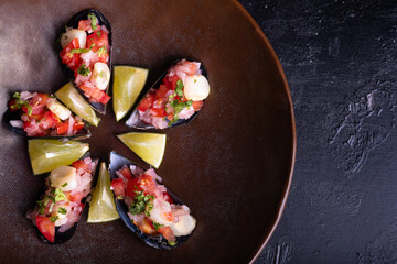 Peruvian cuisine seen from above and served on a plate against a black background, called Choros a la chalaca.
