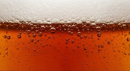 Close-up of dark beer with bubbles and creamy foam. A sleek template for Oktoberfest, Beer Day, or fresh drink promotions, featuring ample space for text.