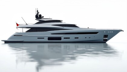 Modern luxury motor yacht isolated on white background with water reflection. Sleek grey hull, dark tinted windows. Nautical transport for sea tours, travel, leisure. Ideal for vacation, holiday,
