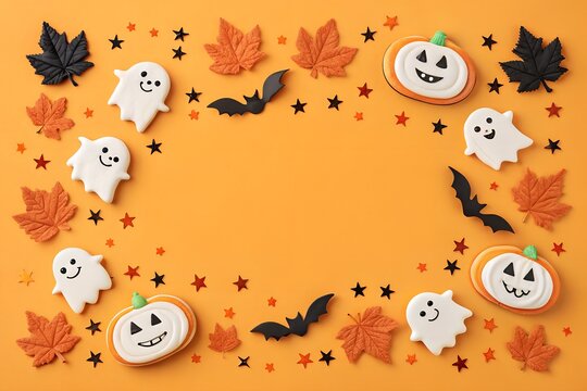 A playful halloween border made of ghost, pumpkin, and bat cookies with autumn leaves and stars