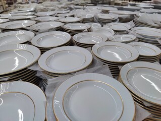 A vast collection of elegant white porcelain plates with gold rims, neatly stacked in rows, ready for display or purchase.