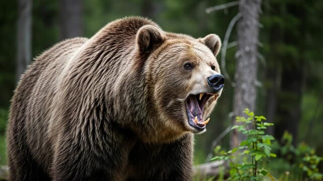 A powerful grizzly bear with its mouth wide open, roaring aggressively in a dense forest setting