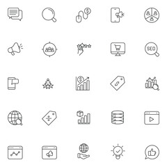 "Digital Marketing Line Icon Set | Editable Stroke | SEO, Analytics, E-commerce, Promotion, Global Strategy"