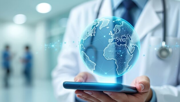 Doctor holds smartphone displaying glowing digital globe with network connections. Healthcare, medicine technology concept. Blue, white color scheme promotes global communication, innovation in