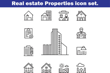 Fototapeta premium Real estate Properties line editable icon set. Containing, Urban architecture, building, skyscraper, and more. Editable stroke. Vector illustration.