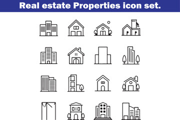 Fototapeta premium Real estate Properties line editable icon set. Containing, Urban architecture, building, skyscraper, and more. Editable stroke. Vector illustration.