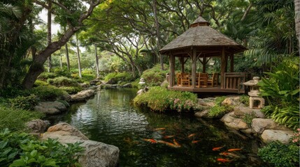 Fototapeta premium Tranquil Gazebo by Serene Pond in Lush Tropical Garden