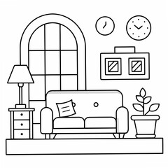 Living Room Coloring Pages – Home, Interior, Outline, Kids, Printable, Cozy, Design

