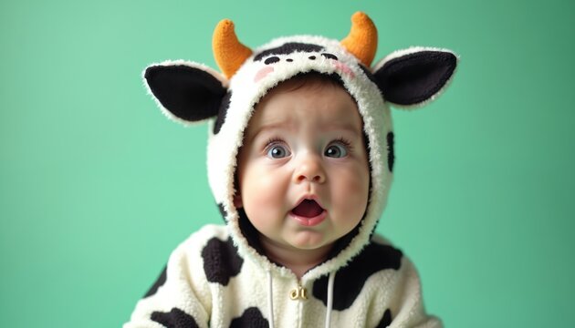 Adorable baby in cow costume shows surprised expression. Soft, playful mint green background. Cute infant outfit perfect for holidays, farm themes, humorous toddler portraits. Celebrate childhood