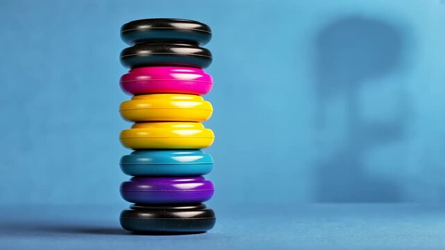 Colorful stacked discs on blue background with playful arrangement