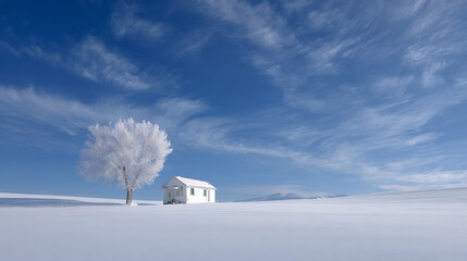 Frosty Winter Landscape White House Snow Covered Tree Clear Blue Sky Minimalist Scene image