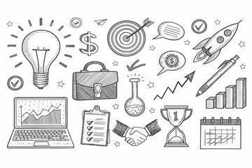 Hand-Drawn Business Startup Icons Representing Innovation, Growth, Collaboration, and Strategic Planning for Success