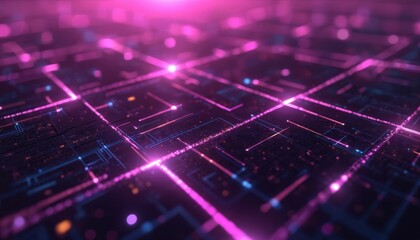 Futuristic abstract background with purple neon grid lines. Digital technology design features glowing geometric patterns, violet gradient evoking cyberpunk cyberspace. Perfect for virtual reality,