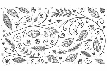 Whimsical Botanical Line Art Illustration with Arrows, Hearts and Spirals for Creative Designs and...