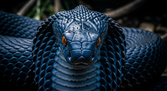 A striking cobra with vibrant orange eyes stares intensely ahead