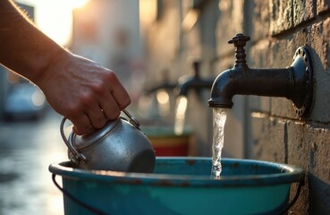 Hand holds metal kettle under running water from outdoor public tap filling turquoise bucket. Scene shows daily life, water collection in Rajasthan, India during daytime.