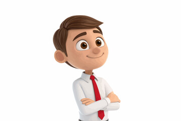 Confident Cartoon Businessman with Arms Crossed Looking Upwards on a Clean White Background, Illustration Style.