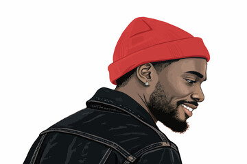 Smiling African American man with a red beanie and black jacket in a modern, stylish portrait.