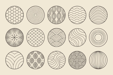 Collection of Fifteen Circular Designs Featuring Geometric Patterns, Lines, and Shapes Against a Soft Beige Background.