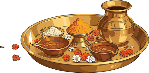 Traditional Indian Puja Thali with Brass Utensils for Religious Ceremony and Spiritual Worship Rituals