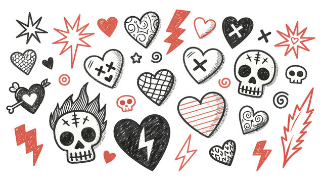 Quirky Hand-Drawn Valentine's Day Motif: A Whimsical Assortment of Hearts, Skulls, and Lightning Bolts with Decorative Elements
