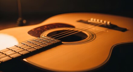 Fototapeta premium A close-up, warm-toned image of the fretboard and strings of an acoustic guitar, focusing on the details of the wood and metal.