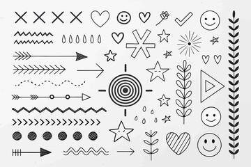 Minimalist Doodle Collection: Assorted Hand-Drawn Elements for Creative Projects Featuring Arrows, Hearts, Stars, and Foliage for Various Applications