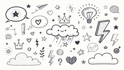 Playful Doodle Pattern Featuring Clouds, Stars, Hearts, and Lightening Bolts for Creative Projects or Fun Illustrations.