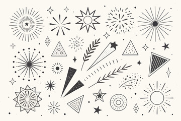 Obraz premium Whimsical Celestial Vector Collection: A Hand-Drawn Set of Stars, Sunbursts, and Other Festive Astronomical Elements