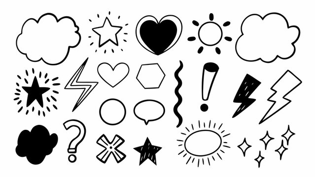 Playful Hand-Drawn Doodle Elements Featuring Stars, Hearts, Clouds, Lightning, and Geometric Shapes in Black and White for Creative Designs