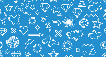 Editable White Outline  Icon Pattern on Blue Background Featuring Stars, Hearts, Spirals, Clouds, and Geometric Shapes — Playful Vector Design for Kids’ Media, Creative Branding, and Decorative Visual