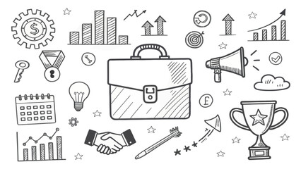 Hand-Drawn Business Concept Illustration Showcasing Growth, Success, and Strategy with Briefcase, Charts and Tools on White Background