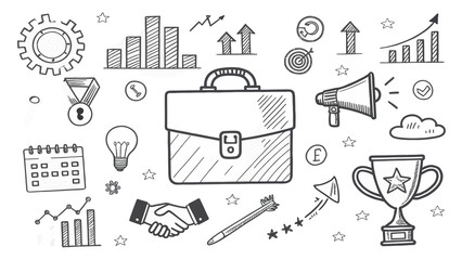 Hand-Drawn Business Doodles: Illustrative Elements of Success, Strategy, and Growth Represented in White Background Sketch Style