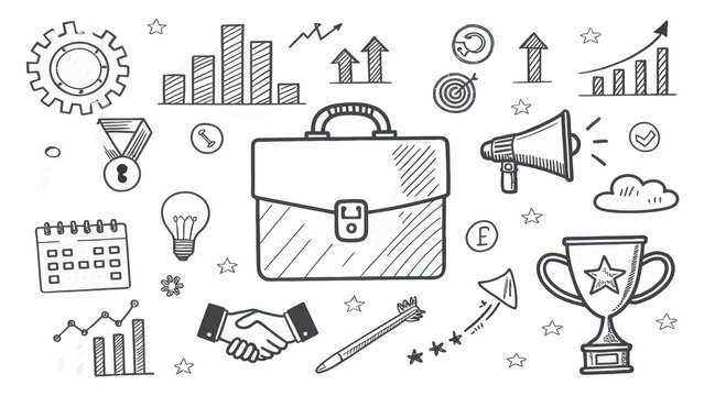 Hand-Drawn Business Doodles: Illustrative Elements of Success, Strategy, and Growth Represented in White Background Sketch Style