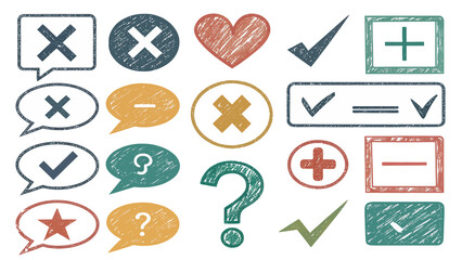 Colorful Hand-Drawn Mathematical and Symbol Illustrations for Education, Checkmarks, Crosses, Hearts and More